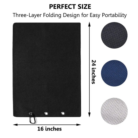 Three Pack Large Golf Towels With Carabiner Clip Tri Fold Microfiber Waffle Pattern Quick Dry Absorbent, dimensions 16x24 inches.