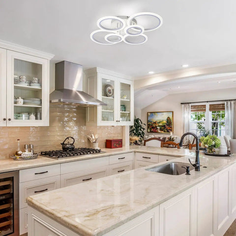 Six Ring Modern LED Ceiling Light Flush Mount With White Rings, 4000K Daylight White Lighting Fixture in kitchen