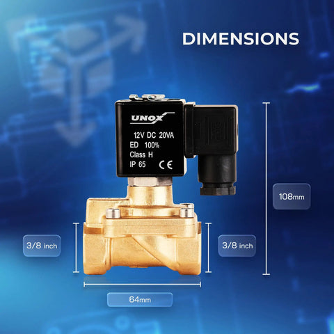 3/8 Inch NPT Solenoid Valve 12V DC Brass Normally Closed Multi Purpose Control Valve dimensions view