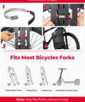 Installation steps for 10L Fully Waterproof Front Fork Pannier Bag For Mountain Biking And EBikes Roll Top Front Rack Storage With Metal Tray For Side Packing And EScooter Accessory Ride Ready All Weather Gear Black; compatible with various fork types.