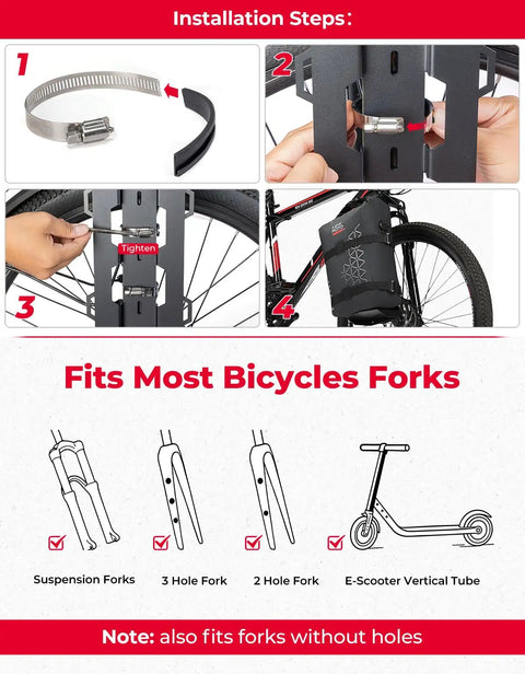 Installation steps for 10L Fully Waterproof Front Fork Pannier Bag For Mountain Biking And EBikes Roll Top Front Rack Storage With Metal Tray For Side Packing And EScooter Accessory Ride Ready All Weather Gear Black; compatible with various fork types.
