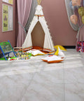 Children's play area with 32 Pack Peel And Stick Floor Tiles 12x12 Light Grey Marble Vinyl Flooring Self Adhesive.