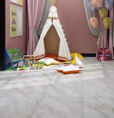 Children's play area with 32 Pack Peel And Stick Floor Tiles 12x12 Light Grey Marble Vinyl Flooring Self Adhesive.