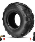 Side view of 145/70-6 Tubeless Tire For Mini Bikes And ATVs with red valve caps, designed for multiple models including Coleman CT100U.