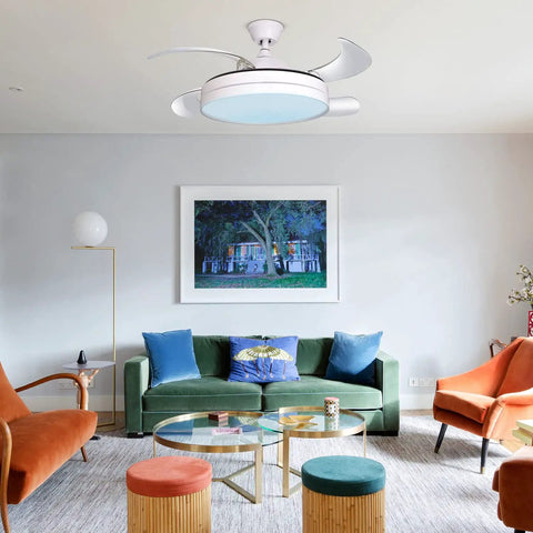 42 Inch Retractable Ceiling Fan With Lights And Bluetooth Speaker, modern living room setting, hidden blades, LED lighting.