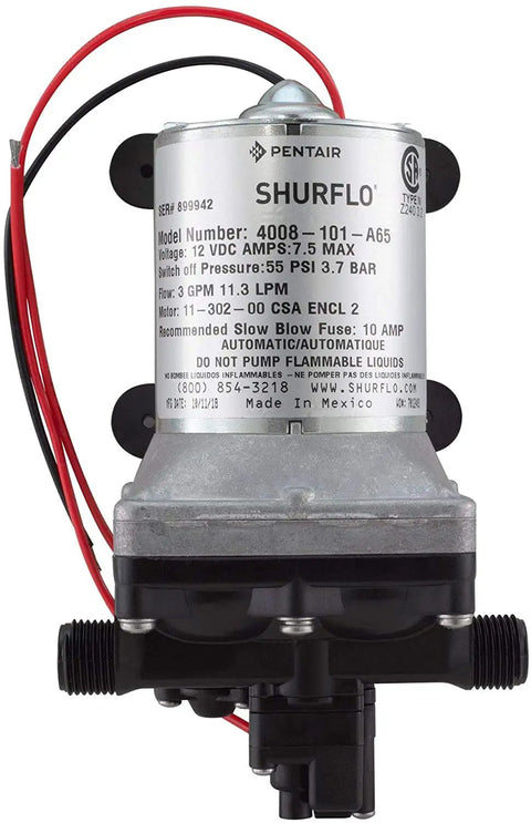 3.0 GPM RV Water Pump 12V Quiet Operation With Internal Bypass front view, self priming up to 6 feet, 55 PSI shutoff