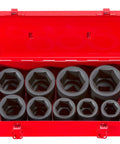 One Inch Drive Deep Six Point Impact Socket Set With Case Nine Piece From One To Two Inches in red metal case