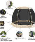Lightweight Pop Up Screen Room Tent For 4 To 6 Adults, Hexagon Outdoor Canopy With Mesh Walls showing features like UPF 50+ and zipper