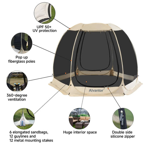 Lightweight Pop Up Screen Room Tent For 4 To 6 Adults, Hexagon Outdoor Canopy With Mesh Walls showing features like UPF 50+ and zipper