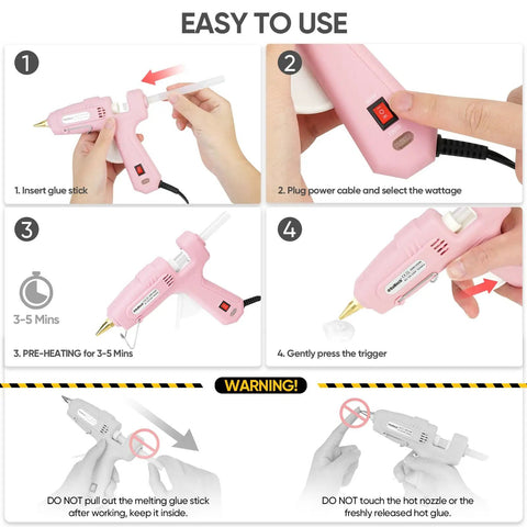 Full Size Dual Power Hot Glue Gun With 60W 100W Settings Preheats Fast For Pro Crafting DIY Jobs Includes 21 Glue Sticks And Storage Case Heavy Duty Pink, pink glue gun in use with trigger and power switch