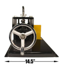 Front view of Pro Grade Bench Top Automatic Electric Wire Stripper With Emergency Stop, showing hand crank mechanism, 14.5 inches wide.