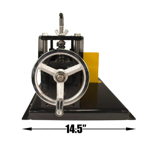 Front view of Pro Grade Bench Top Automatic Electric Wire Stripper With Emergency Stop, showing hand crank mechanism, 14.5 inches wide.