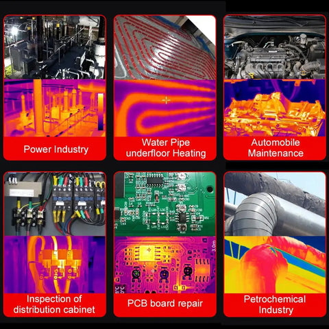 Thermal images showcasing diverse applications of the 2 In 1 Thermal Imaging And Multimeter Camera with industrial use cases.
