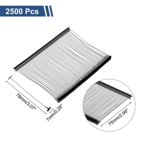 Top Shelf Heavy Duty Plastic Tagging Fasteners For Clothes And Retail 3 Inch black barb needles in bulk, 2500 pieces, 78x7mm size.