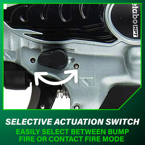 Close-up of selective actuation switch on 18 Gauge Brad Nailer For Trim And Furniture Finishing, Pro-Preferred Lightweight Pneumatic Power Nailer With Adjustable Depth, Drives 5/8 Inch To 2 Inch Nails, Ideal For Fine Carpentry And DIY Projects.
