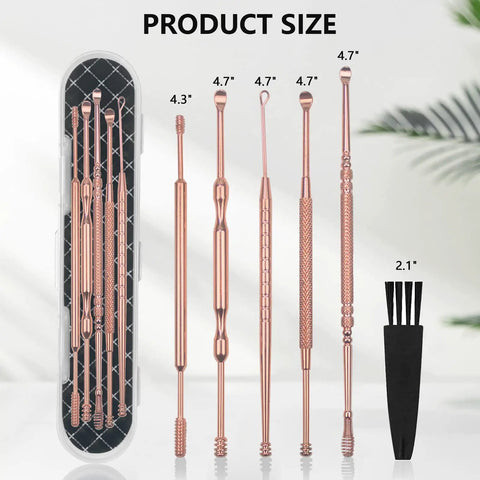 6 Piece Ear Wax Removal Kit with Double Headed Ear Picks 316L Stainless Steel Ear Cleaner Curettes Cleaning Brush, Rose Gold