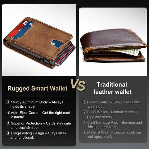 Comparison of Slim Card Wallet For Men With RFID Blocking Minimalist Front Pocket Pop Up ID Window and traditional leather wallet