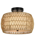 3 Light Boho Rattan Ceiling Light With Linen Fabric Shade Semi Flush Mount for Bedroom, handwoven rattan drum design.