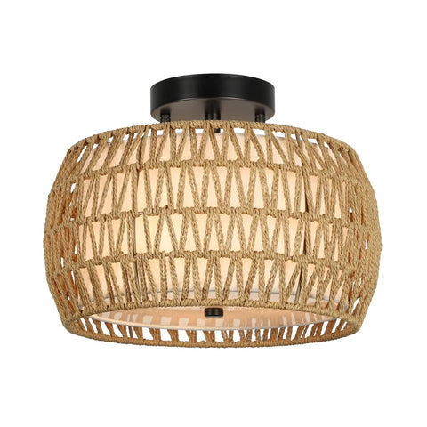 3 Light Boho Rattan Ceiling Light With Linen Fabric Shade Semi Flush Mount for Bedroom, handwoven rattan drum design.