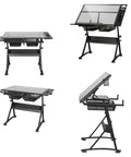 Premium Height Adjustable Tilting Drawing Desk With Tempered Glass Surface showing various angles and ergonomic features for art use.