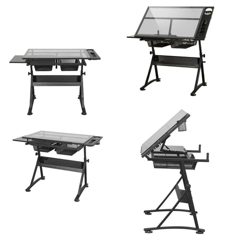 Premium Height Adjustable Tilting Drawing Desk With Tempered Glass Surface showing various angles and ergonomic features for art use.