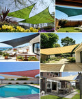 Collage of various sun shade sails over outdoor spaces, showcasing different colors and settings like patios and gardens.