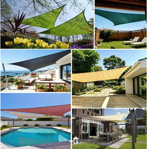 Collage of various sun shade sails over outdoor spaces, showcasing different colors and settings like patios and gardens.