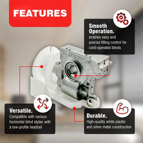 Heavy Duty Low Profile Metal Cord Tilter For 2 Inch Blinds showing white plastic and silver metal parts, designed for smooth operation.