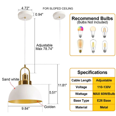 Diagram of Rustic White Farmhouse Pendant Light Fixture with Retro Geometric Dome, solid metal, 78.74 inch adjustable wire.