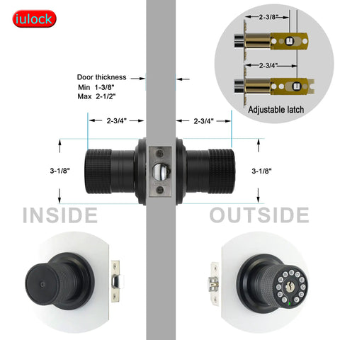 Keypad Door Lock With 50 User Codes And Auto Lock, Waterproof Matte Black, showing side view with adjustable latch specifications