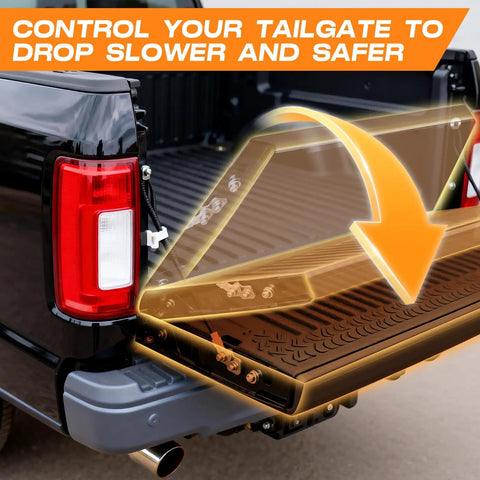 Ford F150 Tailgate Assist Shock Kit with Slow Down Damper shown installing on truck tailgate for smooth open and close.