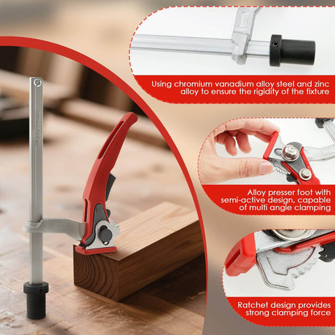 Two Piece Holdfast Dog Hole Clamps Set with Adjustable Range and Multi Angle Ratcheting Table Clamp for Woodworking Tools