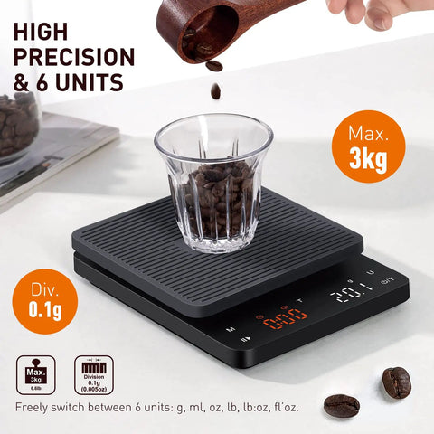 Precision Coffee Scale With Timer For Pour Over And Espresso, 0.1g High Precision Kitchen Scale with glass of beans