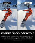 8K 360 Degree Action Camera Bundle showing snowboarder using invisible selfie stick in snowy mountains with clear audio stabilization