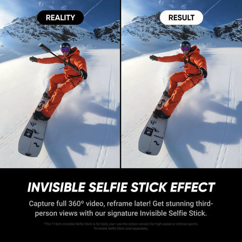 8K 360 Degree Action Camera Bundle showing snowboarder using invisible selfie stick in snowy mountains with clear audio stabilization