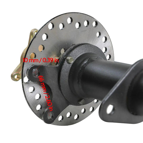 Close-up of Heavy Duty Go Kart Rear Axle Kit, chrome axle shaft with disc brake, 48V 1000W electric drive, DIY electric go karts.