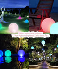Solar Powered Floating Ball Pool Lights Four Pack 14 Inch Inflatable Hangable LED Glow Globes in various colors at night.