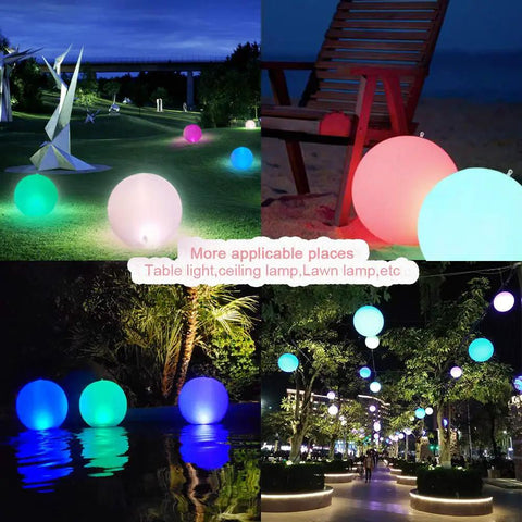 Solar Powered Floating Ball Pool Lights Four Pack 14 Inch Inflatable Hangable LED Glow Globes in various colors at night.