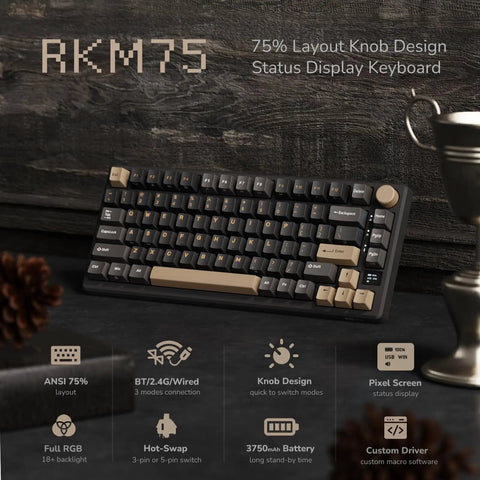 Wireless Mechanical Keyboard With Gasket Mount And Hot Swappable Pale Green Switches Offering Triple Mode Connectivity showing a 75% layout design with knob and OLED display.