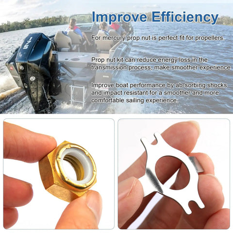 Marine Prop Nut Kit 18-3702 for 35 to 70 HP Outboards with 2 lock washers fits Mercury engines, shown in use and components close-up.