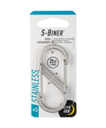 Size 3 SBiner Dual Carabiner Stainless Steel, Double Gated Clip in packaging, 25 LB capacity, for keychains and outdoor use.