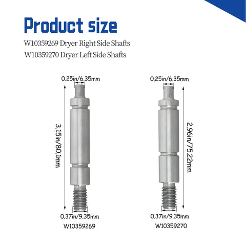 Heavy Duty Dryer Drum Roller Shaft Kit W10359269 and W10359270 with dimensions for smooth rotation replacement.