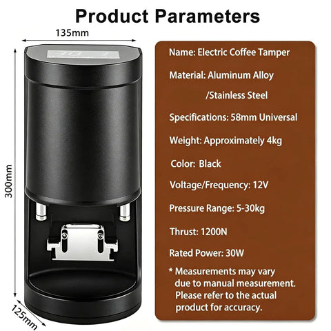 Top Shelf 58mm Electric Coffee Tamper With Knockout Durability And Quick Pressure Adjustment For No Sweat Espresso Extraction That Pops Out Professional Shots Straight To Your Home Setup, black aluminum design.