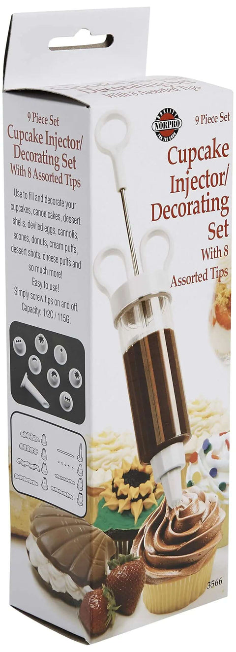 Box of Cupcake Injector And Decorating Icing Kit, Nine Piece Stainless Steel Set With Multicolor Tips, holds half cup filling.