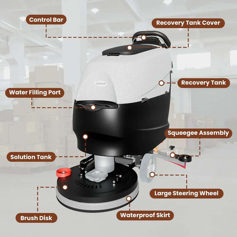 20 Inch Walk Behind Floor Scrubber With Brush And Lithium Battery, 5 Hour Run Time, 13 Gallon Capacity, detailed view