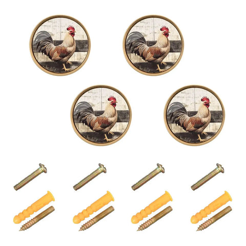Gold Cabinet Knob Four Pack Round Drawer Pulls with Rooster Pattern, Acrylic and Zinc Alloy, Includes Screws for Easy Install