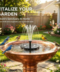 Solar Powered Bird Bath Fountain With Six Nozzles, Outdoor Water Pump, Auto Start In Direct Sunlight, shown in a garden setting.