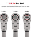 1/4 Inch Flex Head 12-Point Ratcheting Combination Wrench With 180 Degree Flex showcasing 6-point, 12-point, and square ends