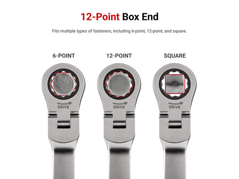1/4 Inch Flex Head 12-Point Ratcheting Combination Wrench With 180 Degree Flex showcasing 6-point, 12-point, and square ends