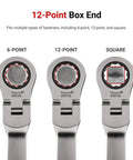 Flex Head Ratcheting Wrench Set With Modular Organizer, 12-point box end comparison with 6-point and square shapes visible
